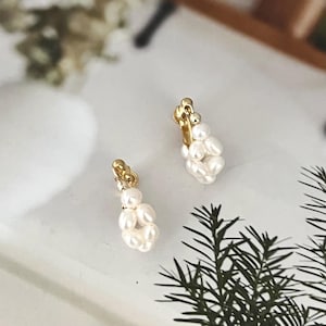 Dainty Freshwater Pearl Clip On Gold Hoop Earrings for Women, Handmade Wedding Earrings