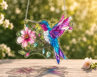 Hummingbird Suncatcher Colorful Flower Window Hanging Suncatcher | Bird Art Gift for Mom Grandma | Sympathy Memory Gift | Rainbow Bird Decor