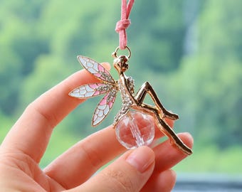 Crystal Ball Fairy Car Mirror Charm, Pink Angel Wings Rearview Pendant, Cute Car Accessories Gift for Her, New Car Decor