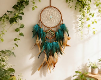 Blue Tree of Life Dreamcatcher, Handmade Boho Wall Hanging, Feather Dream Catcher