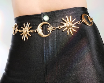 Cadena para la cintura Sol y Luna / Cinturón dorado Sol y Luna Cadena para la cintura estilo boho para festivales, accesorio para festivales y raves Cadena para la cintura estilo boho hippie