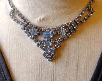 Vintage Ice Blue Rhinestone Choker, 15 Inch Mid Century Geometric V Bib Necklace