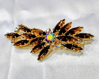 Auténtico broche de barra con diamantes de imitación de topacio ahumado de Juliana DeLizza y Elster, sin firmar • Auténtico D E de mediados de siglo