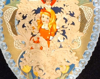 Antique whitney made heart valentine card, 3-layer die-cut paper lace ,emma heritage estate