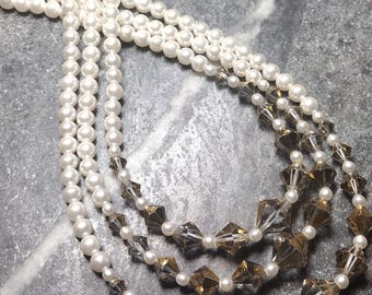 Vintage Three Strand Faux Pearl and Topaz Glass Bicone Choker Necklace