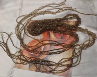 Vintage 1920s Style Amber Bronze Glass Seed Bead Lariat Rope Belt 34 Inch Multi Strand Flapper Sautoir Tassel Fringe Scarf Necklace
