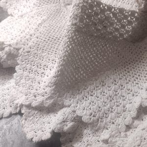 May include: A white crocheted textile featuring an intricate, repeating openwork pattern with a scalloped edge. The fabric is folded, showcasing the detailed needlework and the texture of the yarn throughout the entire piece of handmade lace.