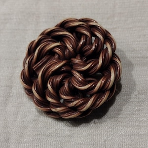 Vintage Intestine Spaghetti Plastic Button 1.5 inch Large Striated Brown ,Cream Ribbon Rosette Statement Coat Collectible