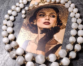Vintage Moonglow 1950s White Chunky Double Strand Necklace 24" • Stylized Snake Hook Clasp