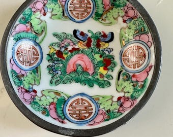 Vintage ACF Japanese Porcelain Pewter hand Decorated trinket dish, Asian Floral, Hong Kong