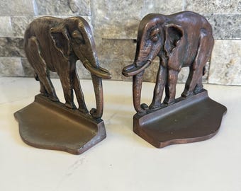 Vintage Bronze/Copper Elephant Bookends, Art Deco Library Decor, Set of 2