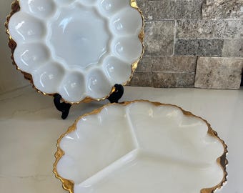 Vintage Fire King Anchor Hocking Milk  Glass with Gold Trim  Deviled Egg Plate and Divided Relish Plate,  Sold Separately, White decor