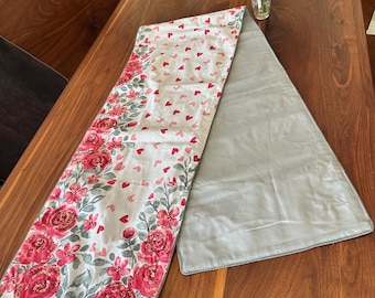 Cupcake and Cashmere roses and hearts table runner, embellished beads and sequins, reds and gray, 84” x 16”, Vintage Linens