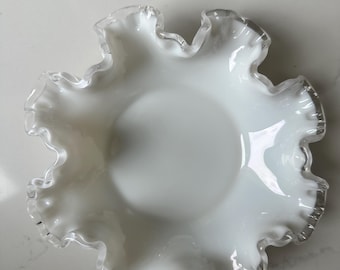 Vintage FENTON Silver Crest White Milk Glass Candy Dish Bowl Clear Ruffled Rim 7.5”, Home Decor, Nut Dish