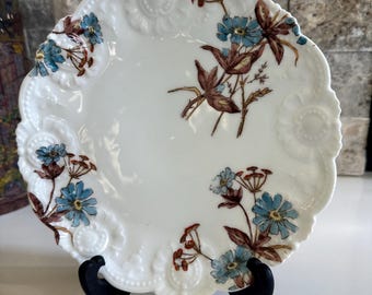 Antique A.K France Limoges Decorative Plate with Blue Brown Flowers, Alfred Klingenberg porcelain, Hand painted floral, White Embossed