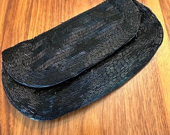 Pochette vintage en perles à chevrons : sac à main de soirée noir