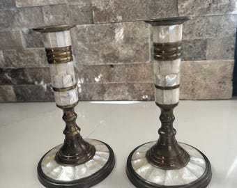 Vintage Pair of Solid Brass Mother-of-Pearl inlay Candlesticks, Art Deco, India Brass