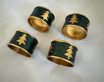 Vintage Brass and Enamel Holiday/Christmas Napkin Rings, Set of 4, Made in India, Christmas Tree