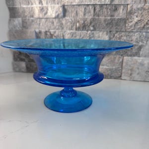 Antique Electric Blue Fostoria Royal Etched Console, Fruit Bowl, 1920s, 10” wide, 5” high, Rare. Etched rim. 4.25” wide footed pedestal.