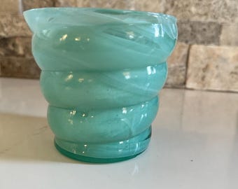 Handblown, aqua Turquoise swirl, glass candle votive/vase. 4” tall. Maker/artist unknown. Blue Glass Art
