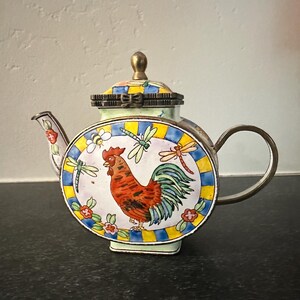 Kelvin Chen Miniature Enameled Roster Teapot with dragonflies and bees, handpainted enamel on copper