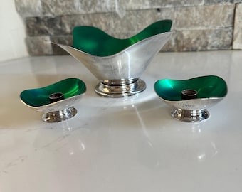 MEKA  Denmark, silver plated, green enamel bowl 6.25” x 3” with 2 mini candlestick holders, Vintage MCM