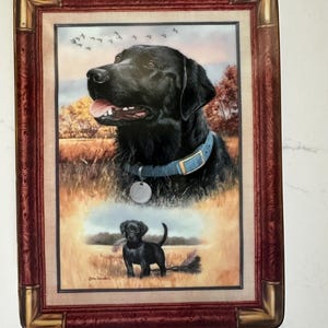Op de afbeelding: Rechthoekig decoratief dienblad met een ingelijste afbeelding van een zwarte Labrador Retriever in een veld. De afbeelding bevat een kleinere afbeelding van een puppy. De lijst is donkerrood met gouden accenten.