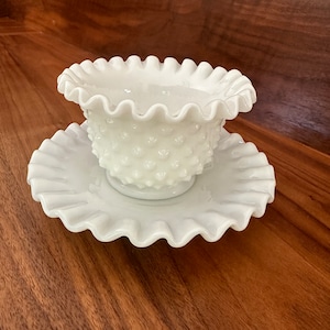 Zestaw misek i talerzy na przyprawy Vintage Fenton White Milk Glass Hobnail