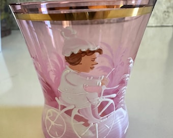 Vintage Mary Gregory Hand Painted Cranberry Pink Gold Toothpick holder/vase/candle votive, glass gold trim