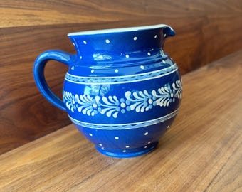 Vintage Lauterbach German pottery Blue white pitcher, handmade, hand-painted.  Folk art service ware 6.25” x 6” No chip nor cracks