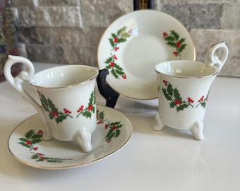 Vintage Neiman Marcus Demitasse Cup & Saucer, Holly Berry w Gold Trim, Christmas Holiday coffee bar decor, Set of 2