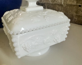 Vintage Westmoreland White Milk Glass Candy Dish Bowl, Beaded lid, Grape paneled, Home Decor, Nut Dish