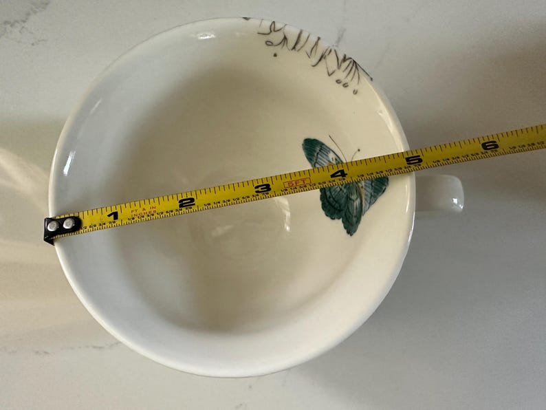 May include: White ceramic bowl with a handle, featuring a teal butterfly design. The bowl is approximately 6 inches in diameter. Delicate floral accents are also visible. A yellow measuring tape is placed across the bowl.