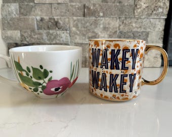 Anthropologie Collectible Coffee/Tea Mug/Cup, Verdant Acres Floral, Wakey Wakey Cheetah print, Sold Separately, Holds 14 oz.