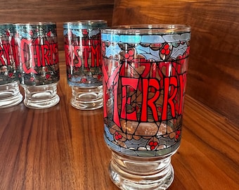 Merry Christmas Double Old Fashioned Gold Rimmed Stained