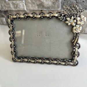 Vintage Sixtrees London Cream Enamel and Rhinestone Jeweled Picture Photo Frame, Pewter, 3.5” x 5”