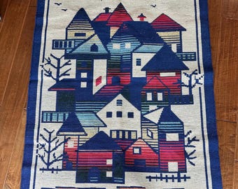 Handwoven wool wall hanging/rug. Traditional Greek folk art. Abstract Greece village scene. Warm color palette, geometric shapes 39”x55”