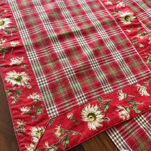 Vintage April Cornell Table Runner from 2000, Red, white and green  floral and plaid print 70” x 13”. No stains.