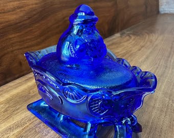 Cobalt blue glass Santa on sleigh cover bowl. Marked Westmoreland Glass Company. 1960s. Candy/nut mustard dish.
