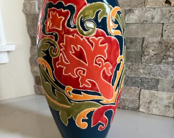 Mexican Talavera Pottery Vase,  large floral hand painted, relief, dark blue with reds, No chips, no cracks. 14” tall, Art Nouveau Decor