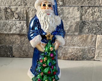Large Christopher Radko Glass Christmas Santa Claus Ornament handblown and painted, Made in Poland approx 7.5” Sapphire Santa