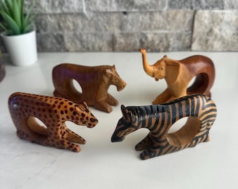 Vintage African Wooden Hand Carved Safari  Napkin Rings,  Set of 4 Napkin holders, Elephant, Cheetah, Zebra, Lion