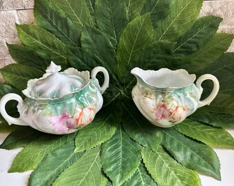 Red Mark RS Prussia Floral Creamer Sugar Set, Reinhold Schlegelmilch factory, antique 1890-1918, Hand painted