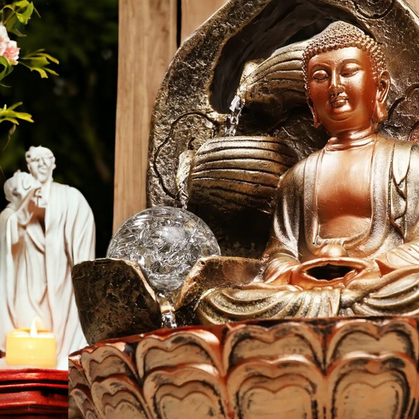 Zittende Boeddha Thema Gouden Grote Antieke Waterval Fontein voor Rust en Stijl