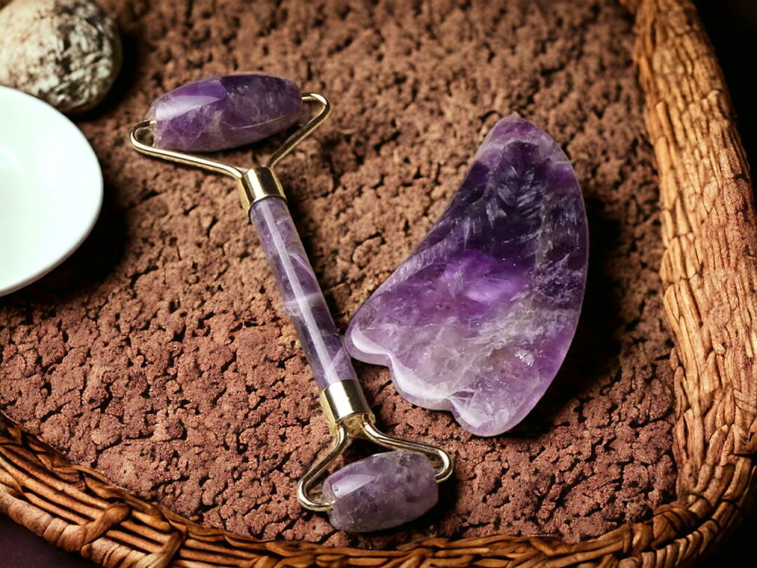 Amethyst Natural Stone Massage Tool Set Gua Sha and Roller Etsy