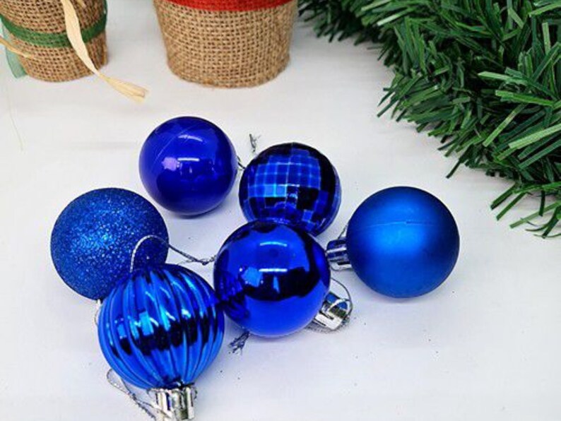 Set of 24 Blue Christmas Tree Ornaments Matte, Shiny, Glittery Blue Christmas Tree Ornaments