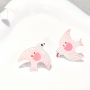 Stud Earrings Cute Craft Jewelry Dove Earrings Pink Bird Earrings Floral Earrings Handmade Jewelry Gift Small Stud Cute Flying Birds Design