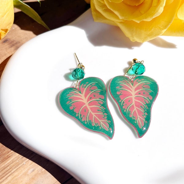 Handmade Heart Shaped Calla Lily Earrings Green Red Earrings Shrink Plastic Resin Art Tropical leaf earrings Handmade green leaf earrings