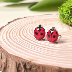 Handmade Red Ladybug Stud Earrings, 14K Gold Filled, Hypoallergenic