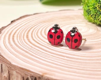 Handmade Red Ladybug Stud Earrings, 14K Gold Filled, Hypoallergenic